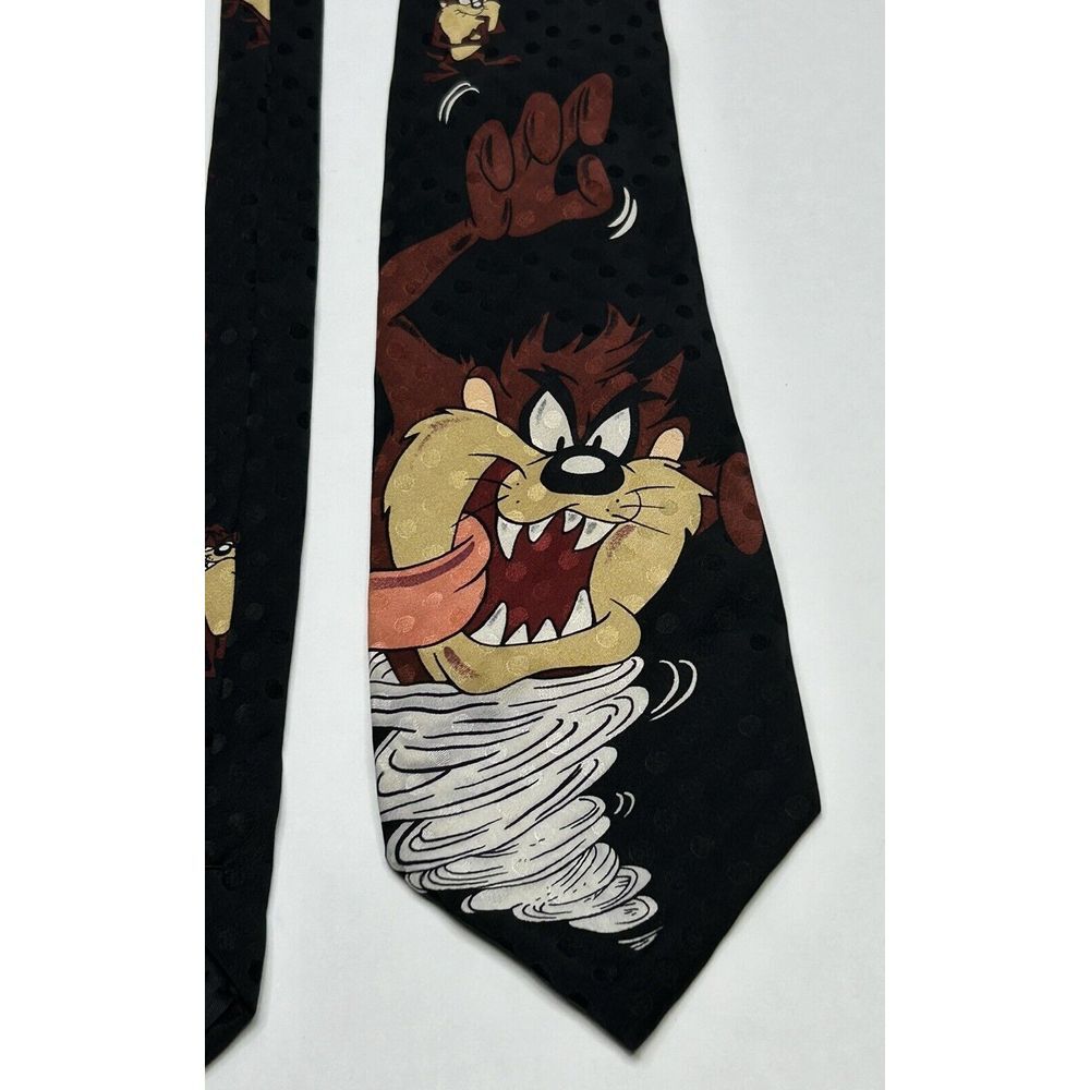 Looney Tunes Men’s Neck Tie Taz Tasmanian Devil Tornado + Tongue Out Silk Black